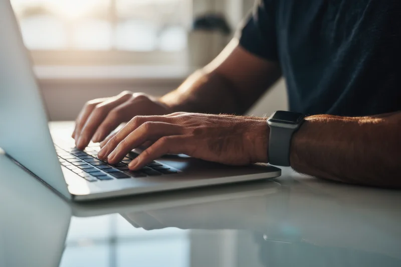 Hands typing on a silver laptop at a white desk in daylight