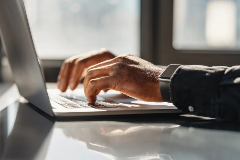 Hands typing on a silver laptop at a desk by a window in daylight