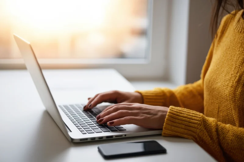 Woman typing on a silver laptop at a clean desk by a window