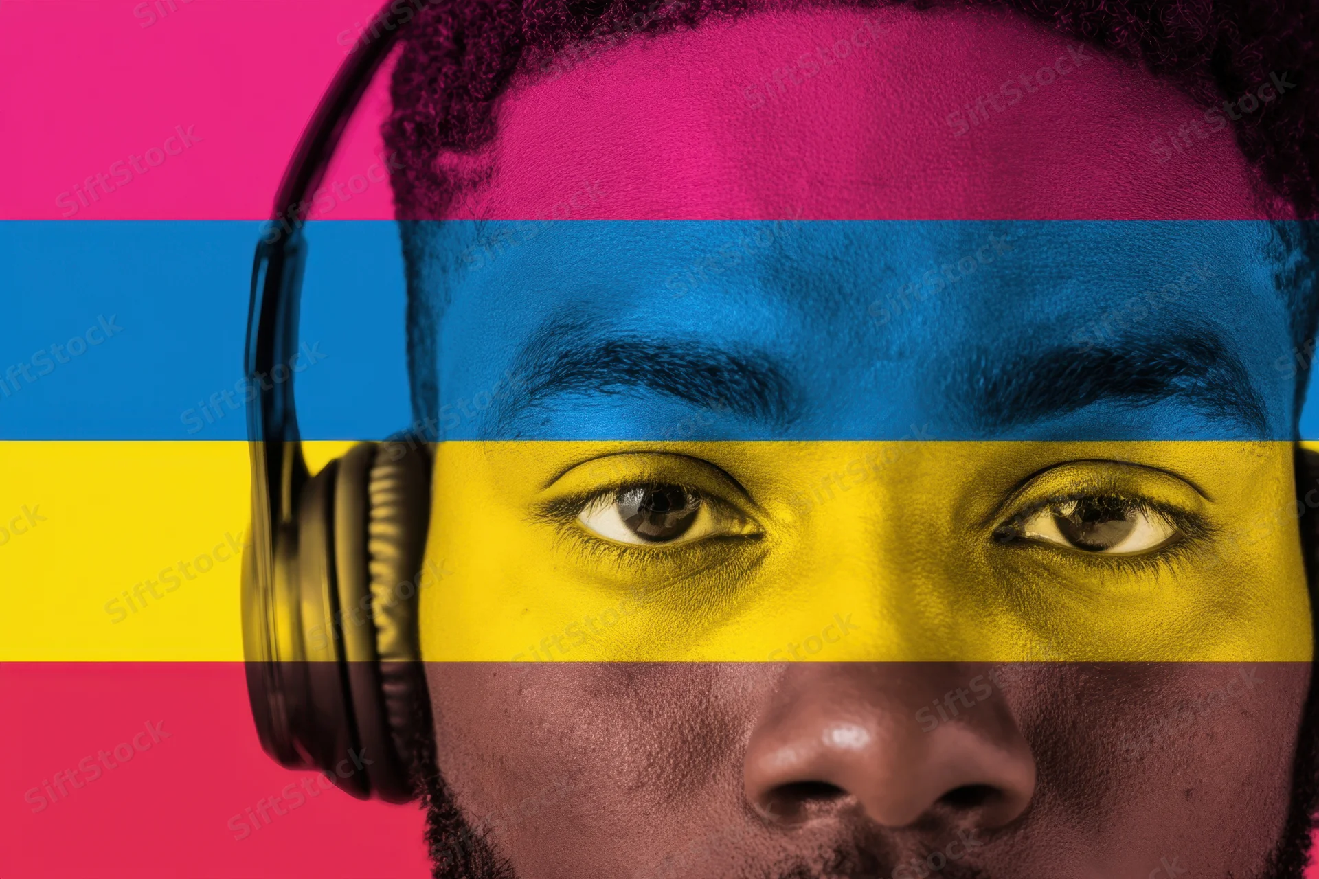 Close-up of a black man wearing headphones with pansexual flag colors overlaid on his face