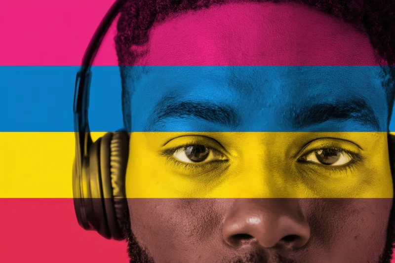 Close-up of a black man wearing headphones with pansexual flag colors overlaid on his face