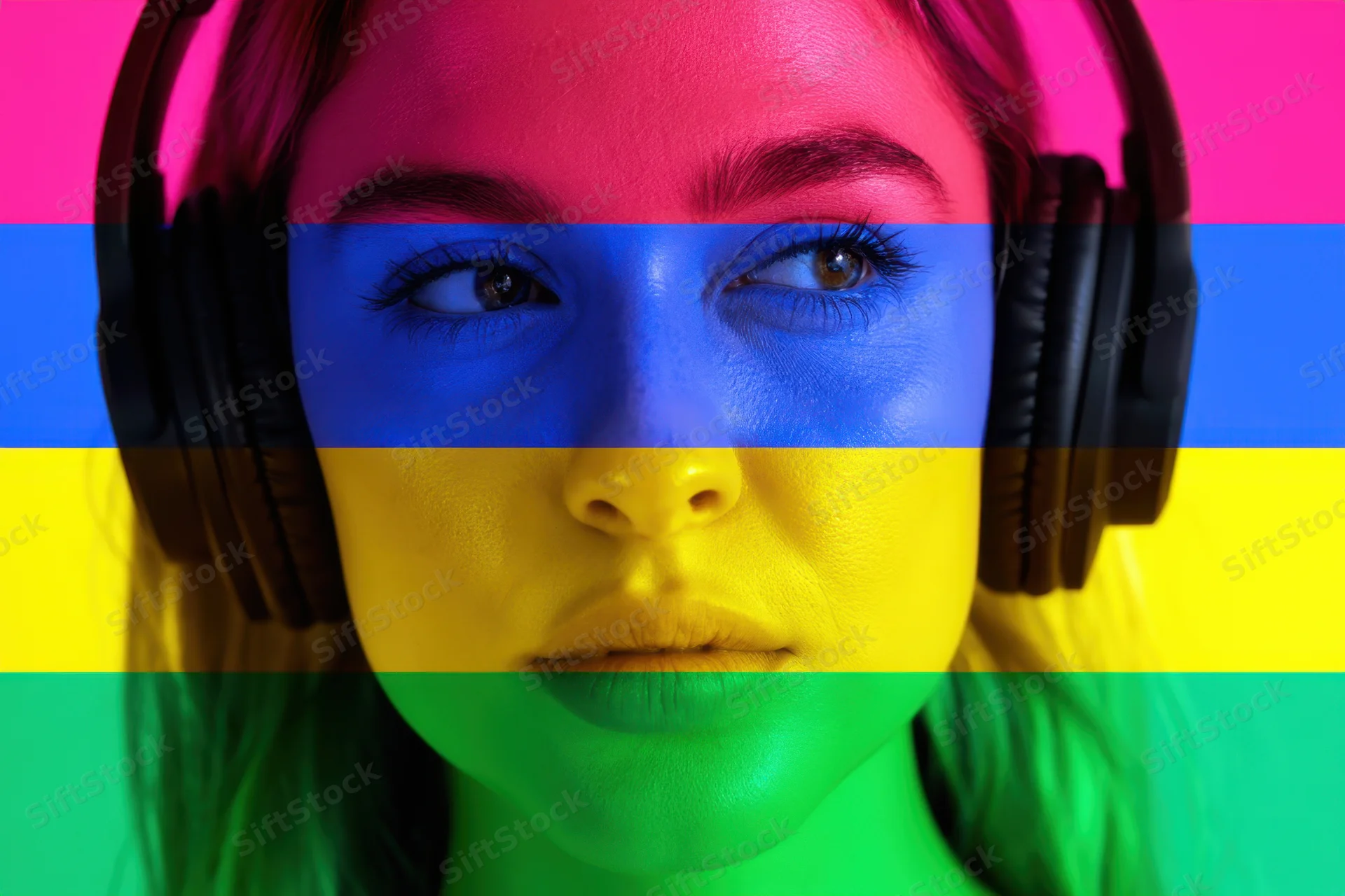 Woman wearing headphones with face lit in colorful horizontal bands of pink, blue, yellow, and green