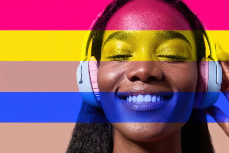Smiling black woman wearing headphones with pride flag colors overlaid on her face