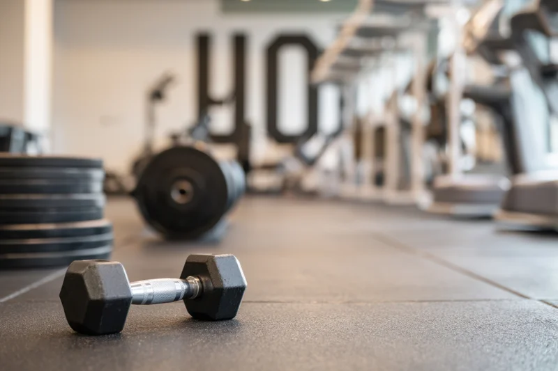 Dumbbell resting on gym floor with weight plates and exercise machines in background