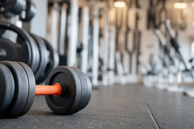 Close-up of a dumbbell with black rubber plates and orange handle resting on a gym floor, surrounded by exercise equipment in the background