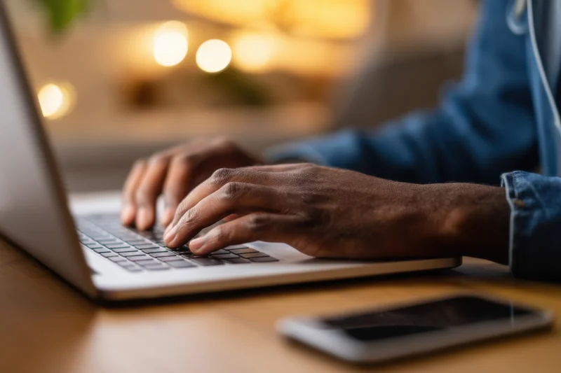 Hands typing on a silver laptop on a wooden desk with warm bokeh lights in the background