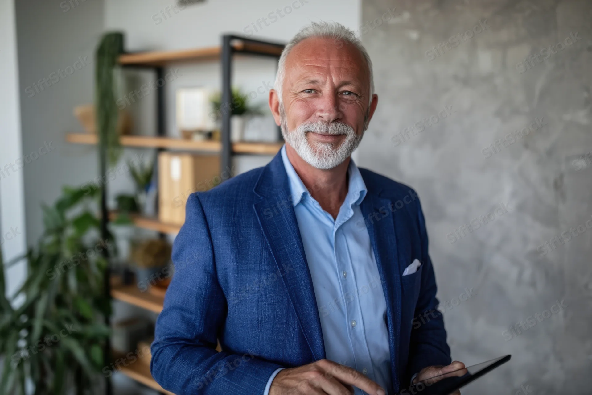 Senior man in blue blazer holding tablet smiling in modern office interior
