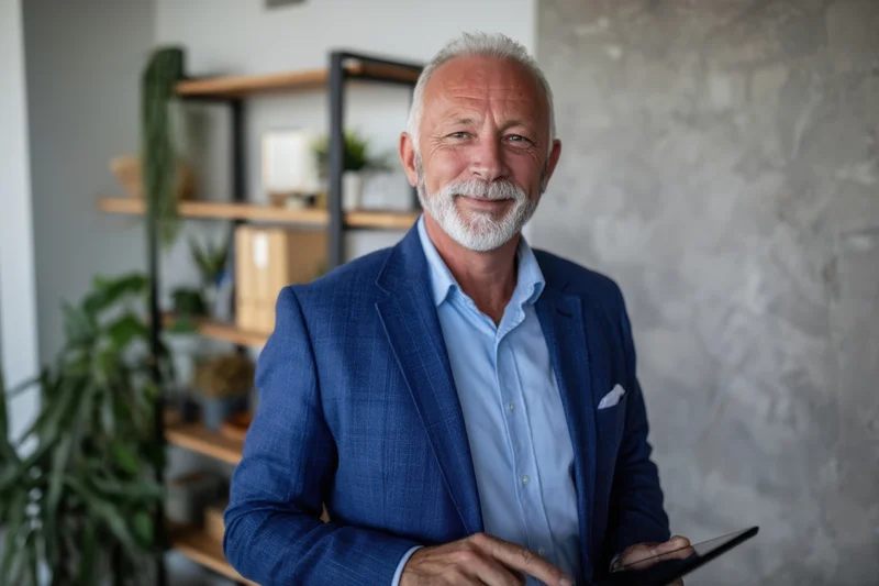 Senior man in blue blazer holding tablet smiling in modern office interior