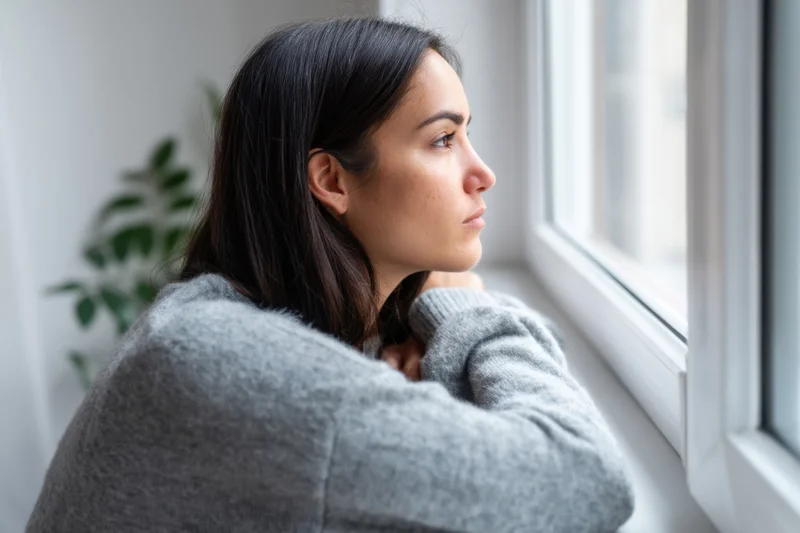 Woman in gray sweater gazing out window at home