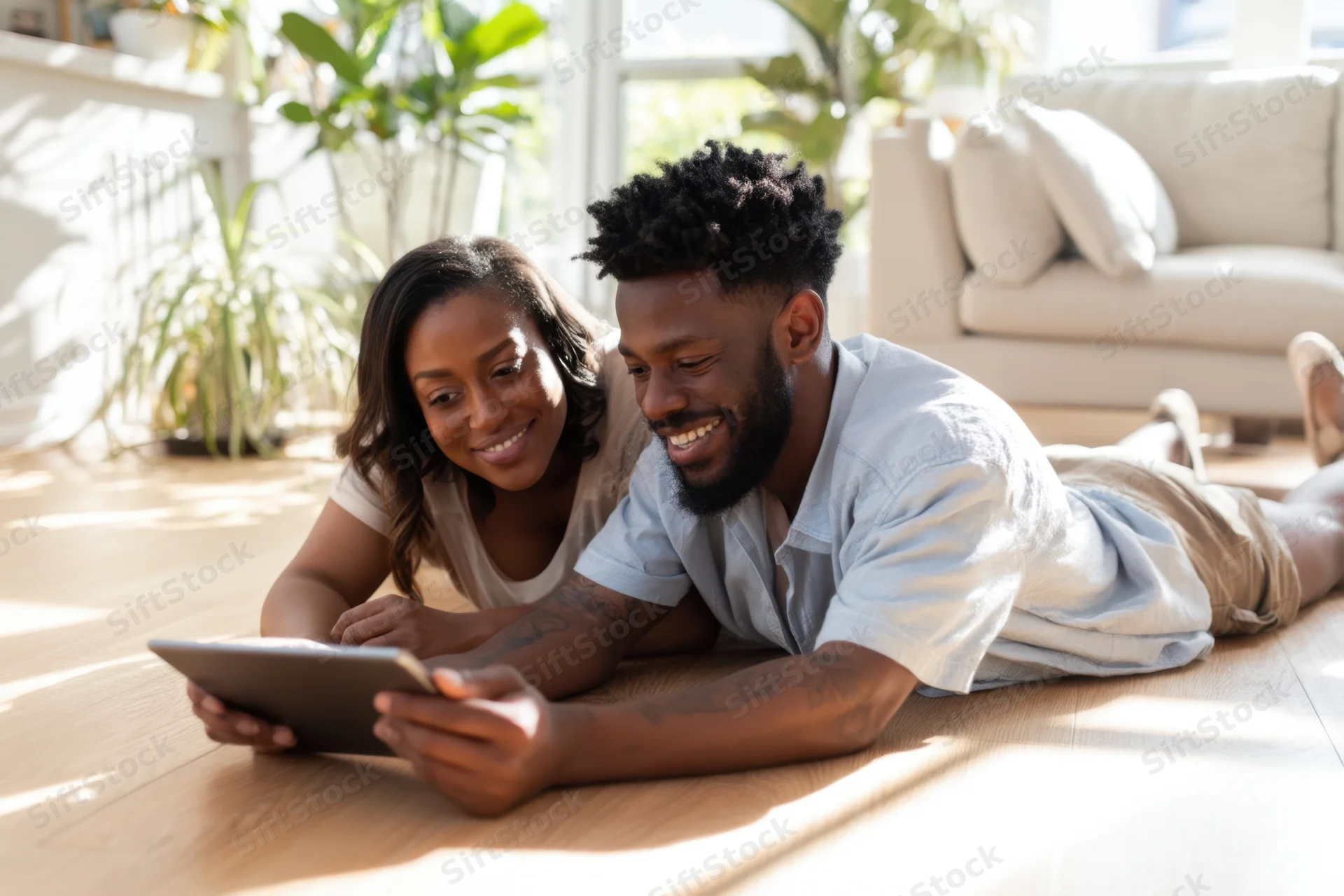 Couple lying on wooden floor smiling at tablet in living room
