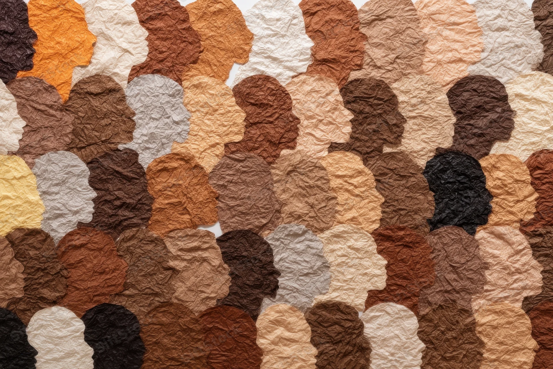 Overlapping crumpled-paper silhouettes of human profiles in various skin tones arranged in a dense pattern