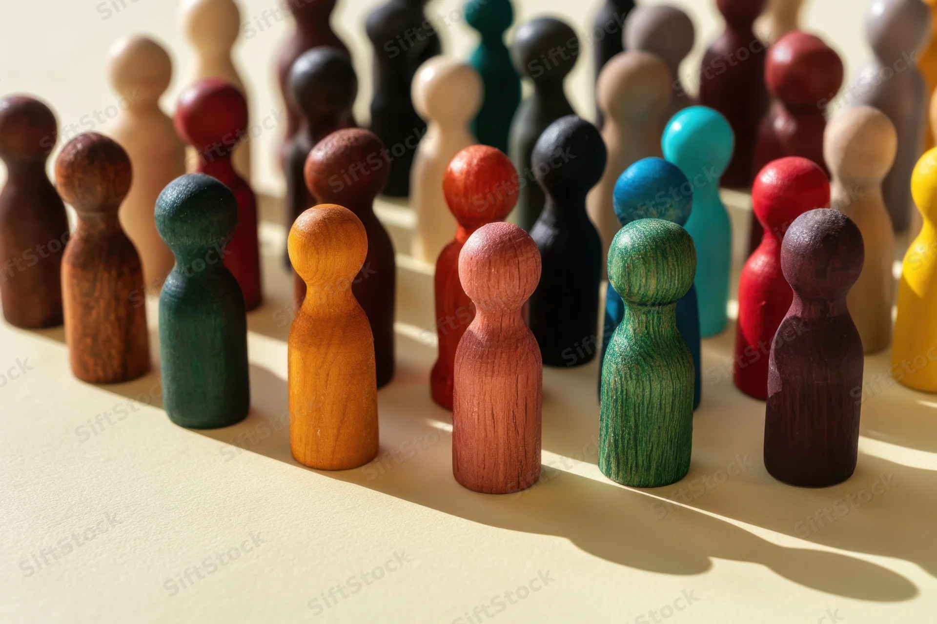Colorful wooden figurines arranged in rows on a neutral surface