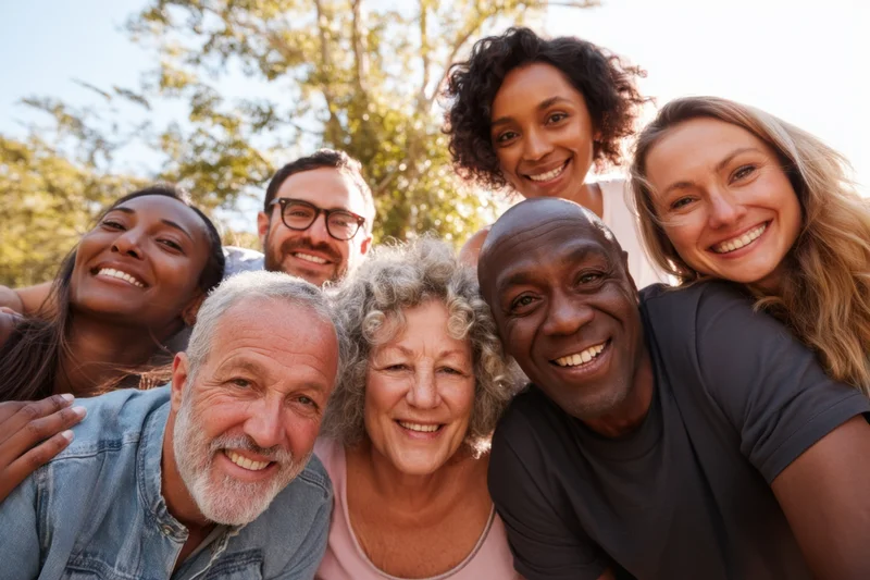 Diverse group of adults smiling together outdoors in a park
