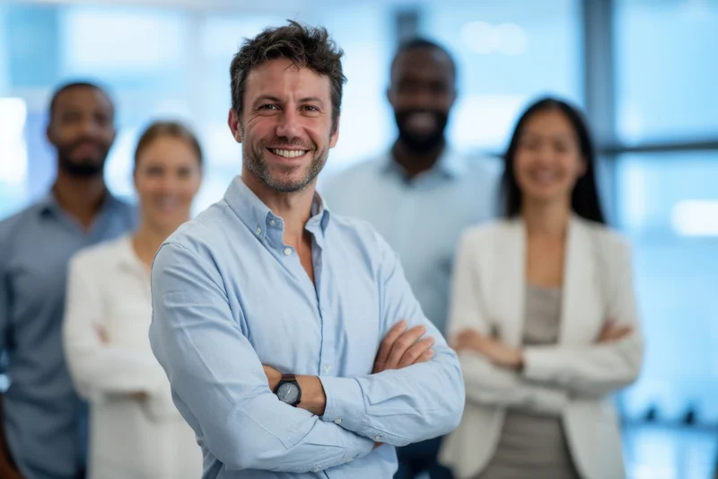 Smiling man in light blue shirt with arms crossed, standing in front of diverse team in bright office interior