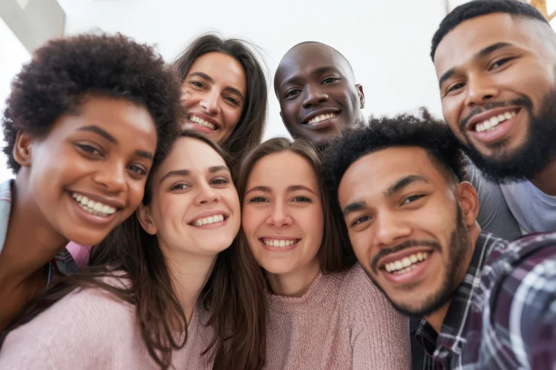 Diverse group of young friends smiling together in a selfie pose indoors
