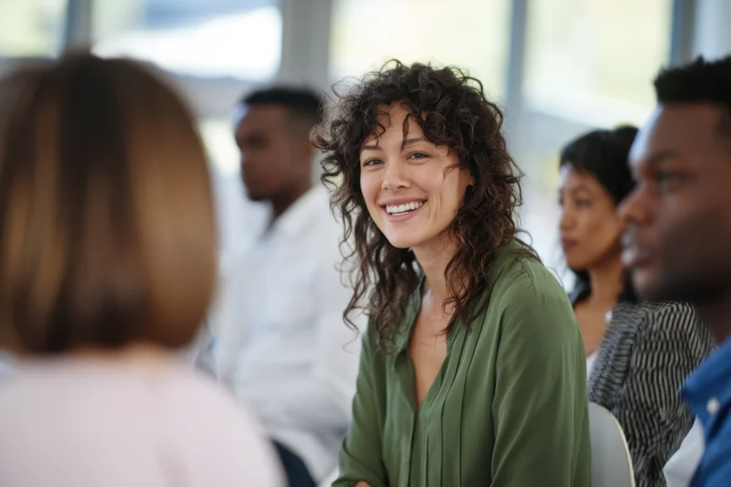 Woman smiling during a meeting in a bright modern office with diverse colleagues seated around her