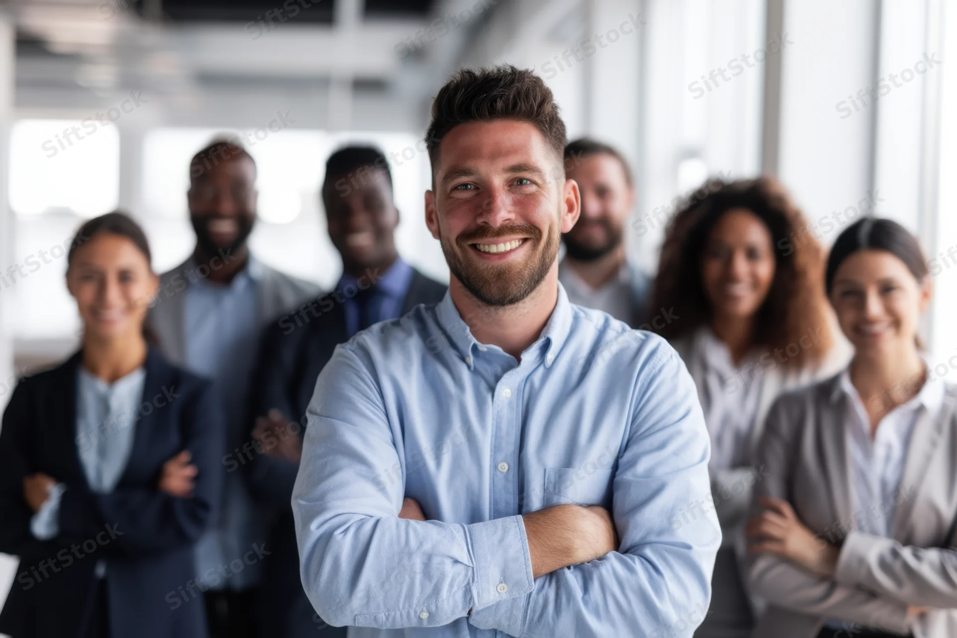 Diverse team of professionals smiling with arms crossed in modern office space
