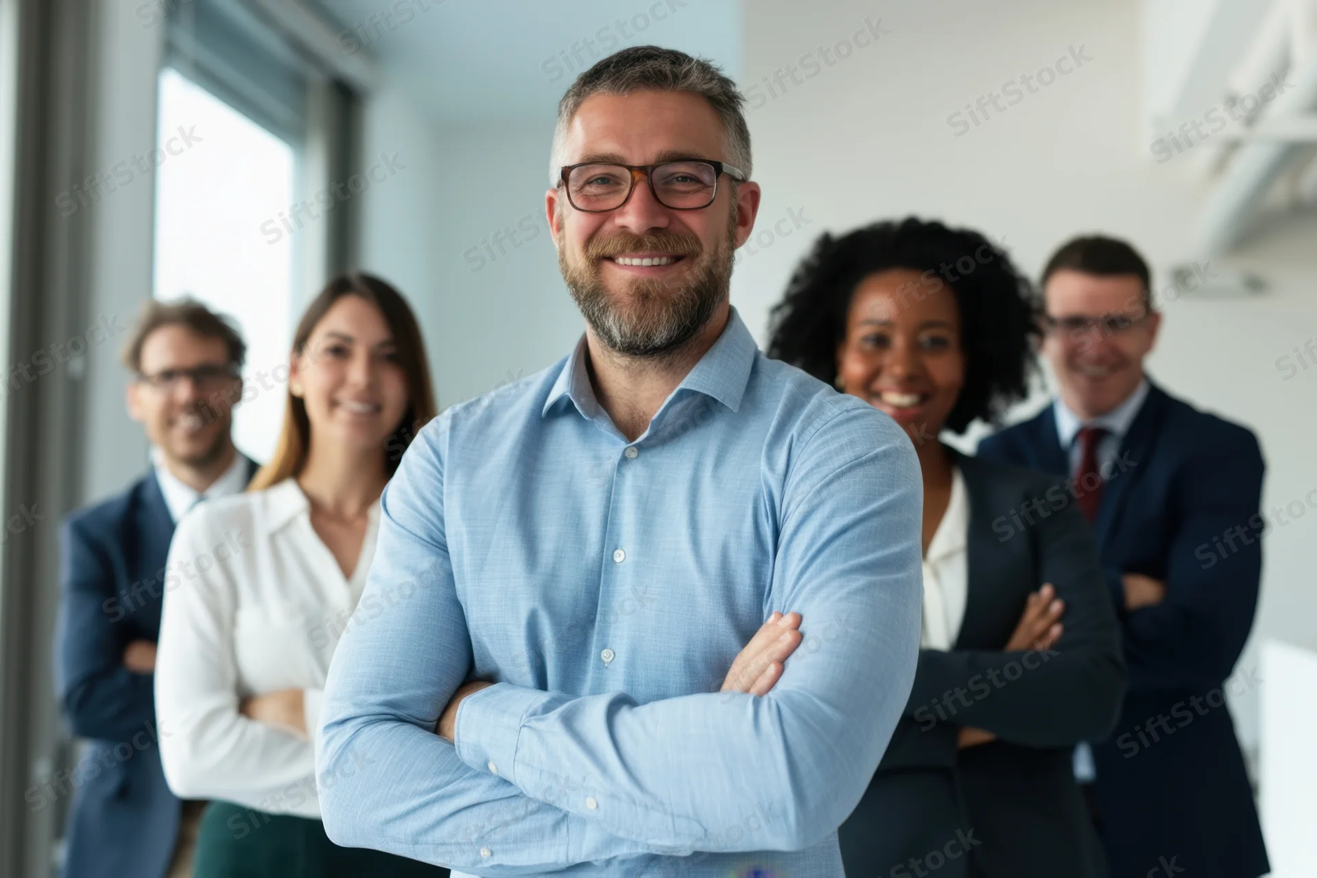 Diverse business team posing confidently with arms crossed in modern office space