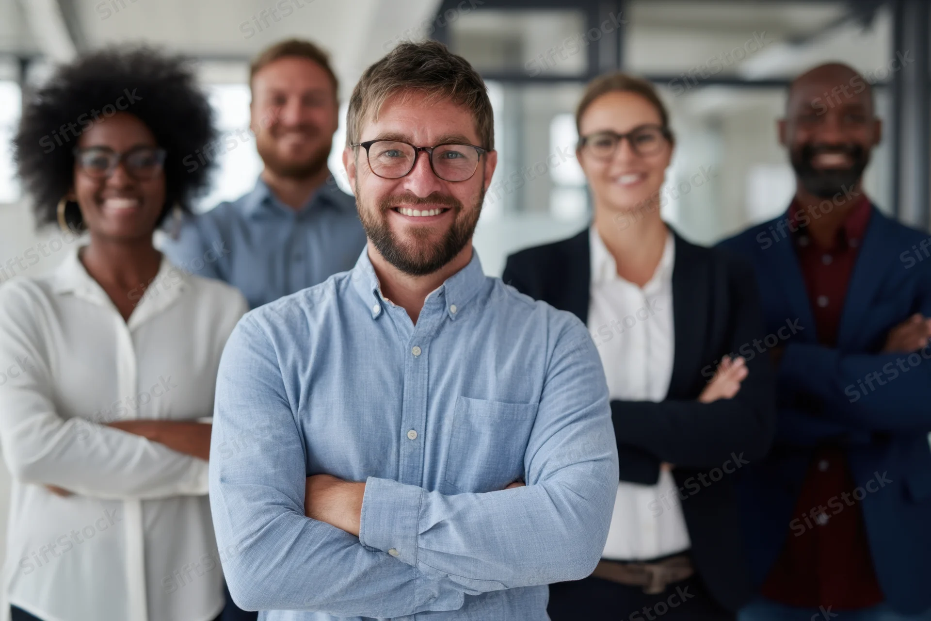 Diverse professionals standing with arms crossed in an office interior
