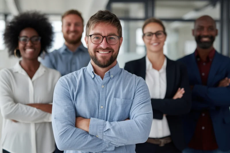 Diverse professionals standing with arms crossed in an office interior