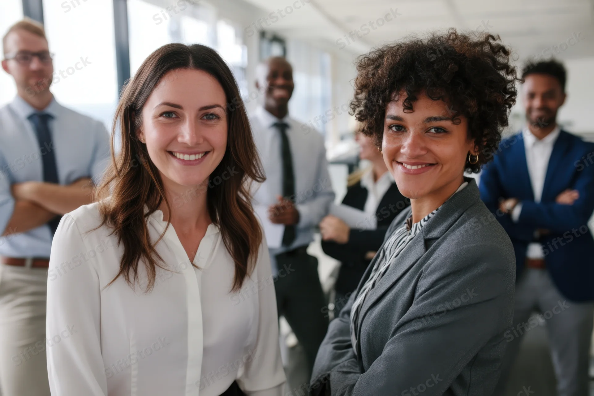 Two women smiling at camera with colleagues in background in modern office