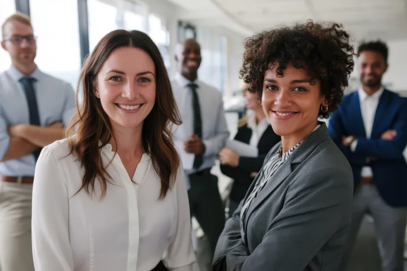 Two women smiling at camera with colleagues in background in modern office