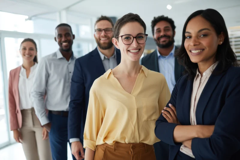 Diverse professionals smiling and posing together in a bright modern office
