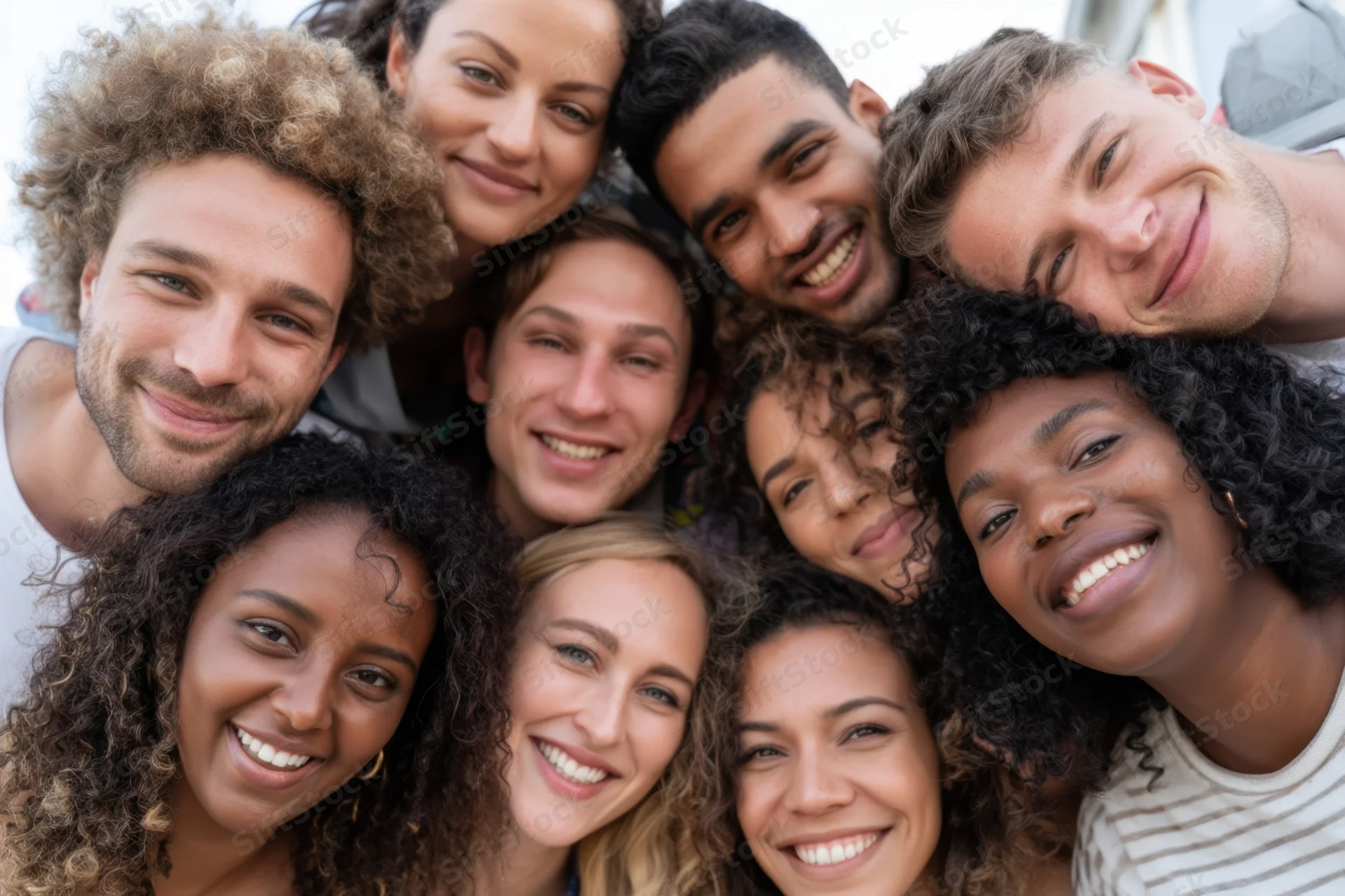 Diverse group of smiling young adults huddled closely together outdoors