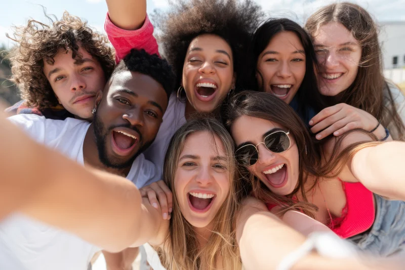 Diverse young friends taking a close-up group selfie outdoors smiling and laughing
