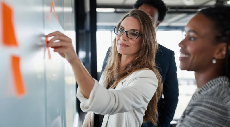 Woman placing orange sticky note on glass whiteboard during team brainstorming session in office