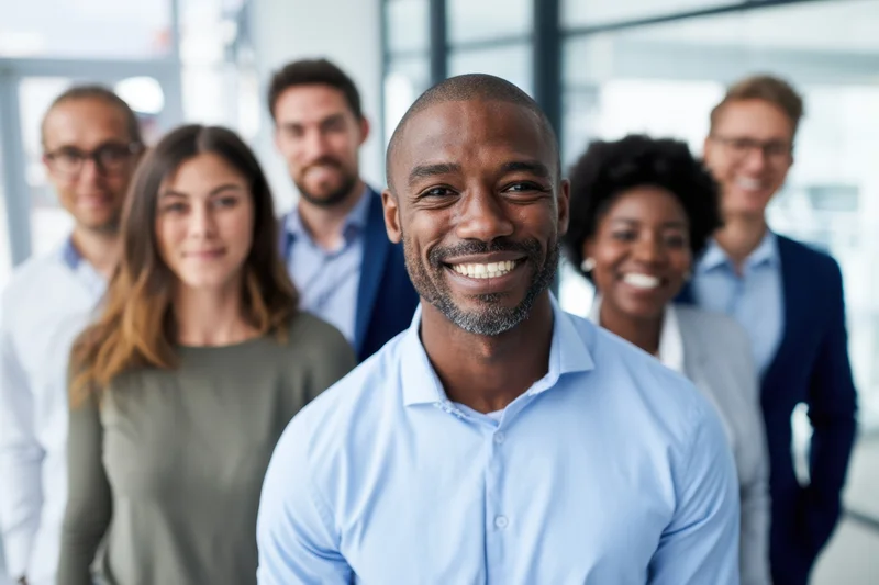 Diverse team of professionals smiling in a bright modern office interior