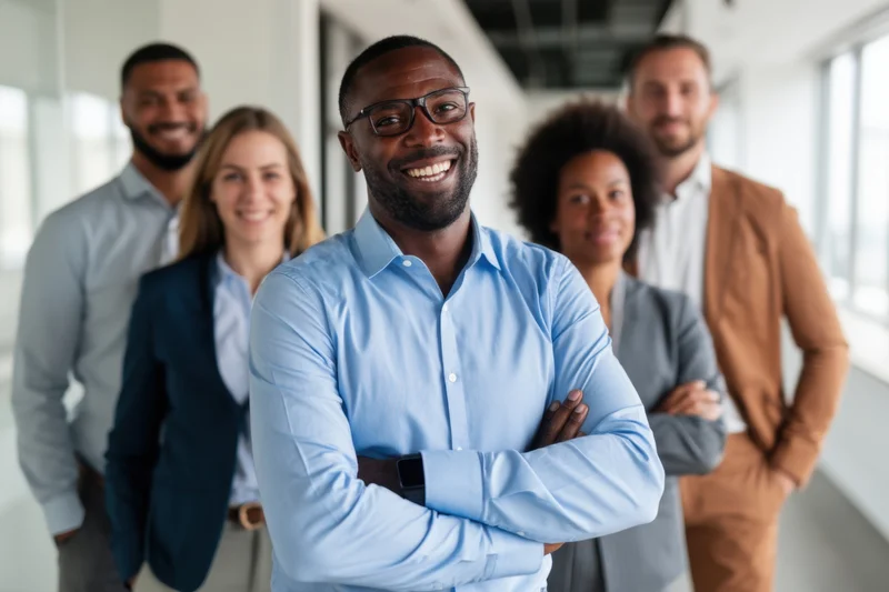 Diverse team of professionals posing together in a bright modern office hallway