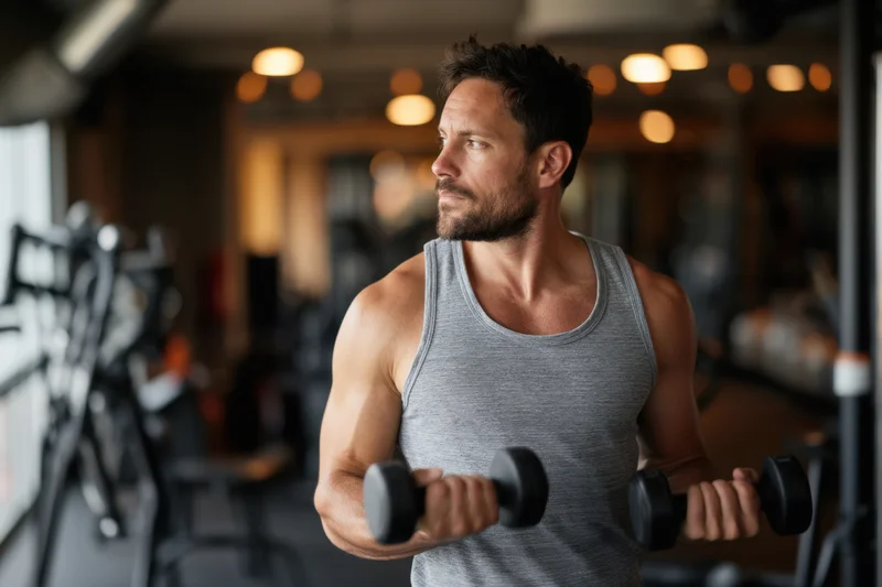 Man lifting dumbbells in a gym wearing a gray tank top