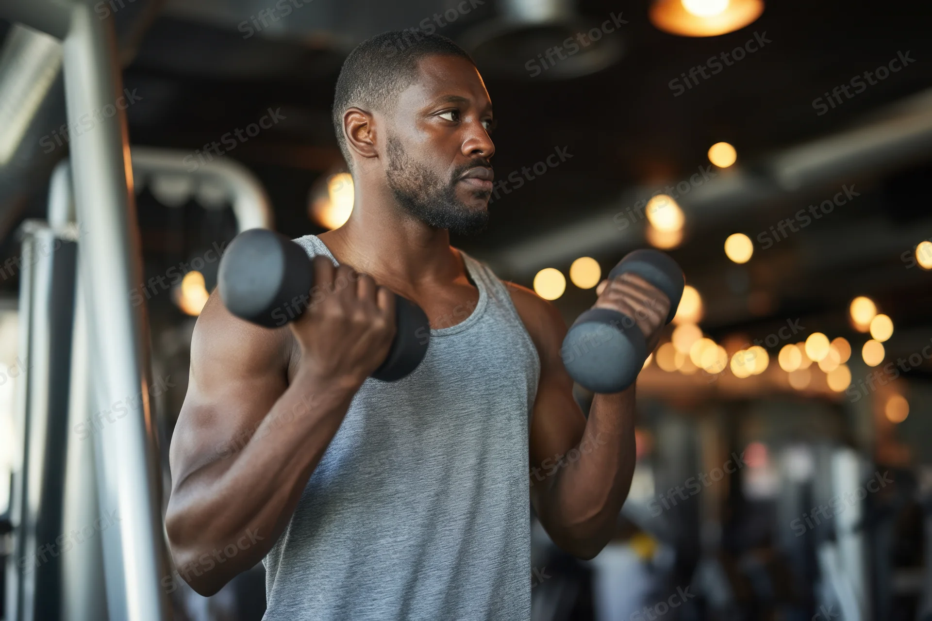 Man lifting dumbbells in a gym wearing a gray tank top