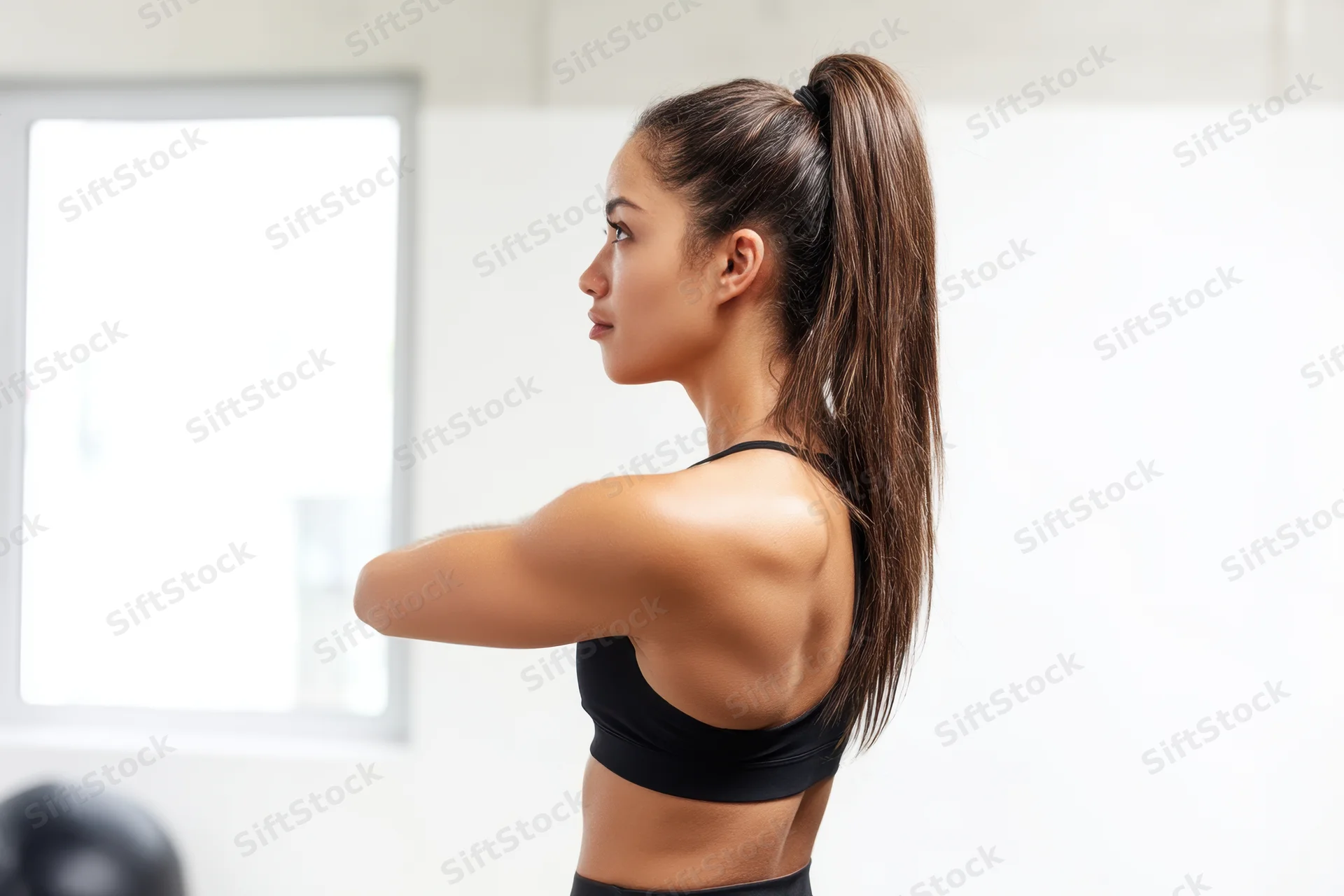 Woman stretching her arms in a bright gym space