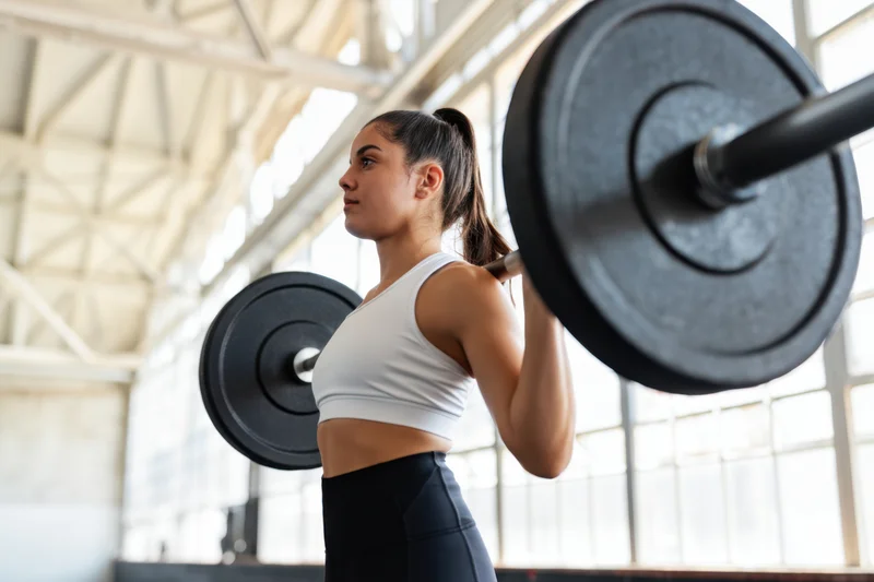 Woman lifting barbell in gym wearing sports bra and leggings