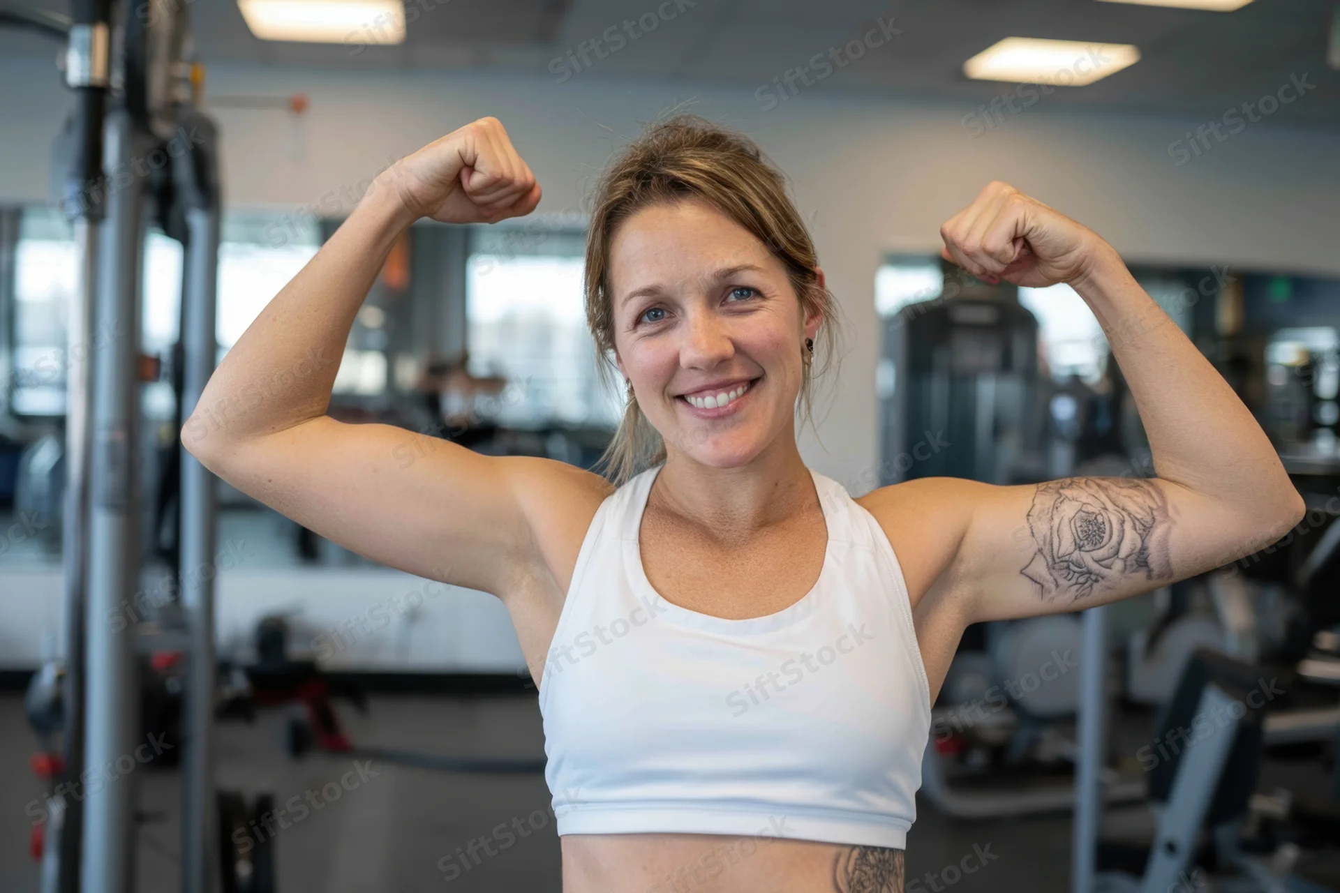 Woman flexing biceps in gym wearing white sports bra
