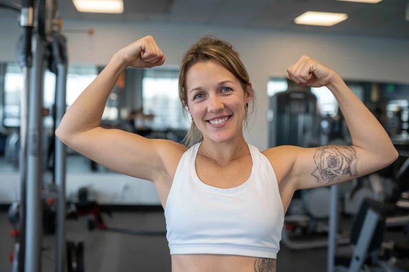 Woman flexing biceps in gym wearing white sports bra