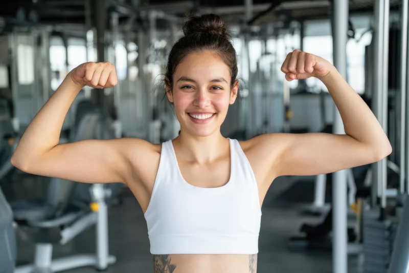 Woman flexing biceps while smiling in gym