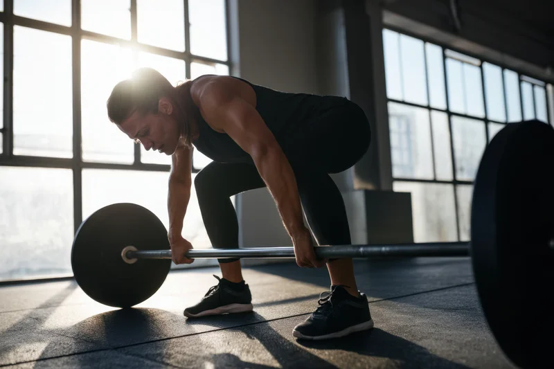 Woman lifting barbell in gym with sunlight through windows