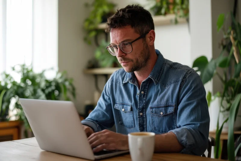 Man typing on laptop at wooden desk with coffee mug and houseplants around him