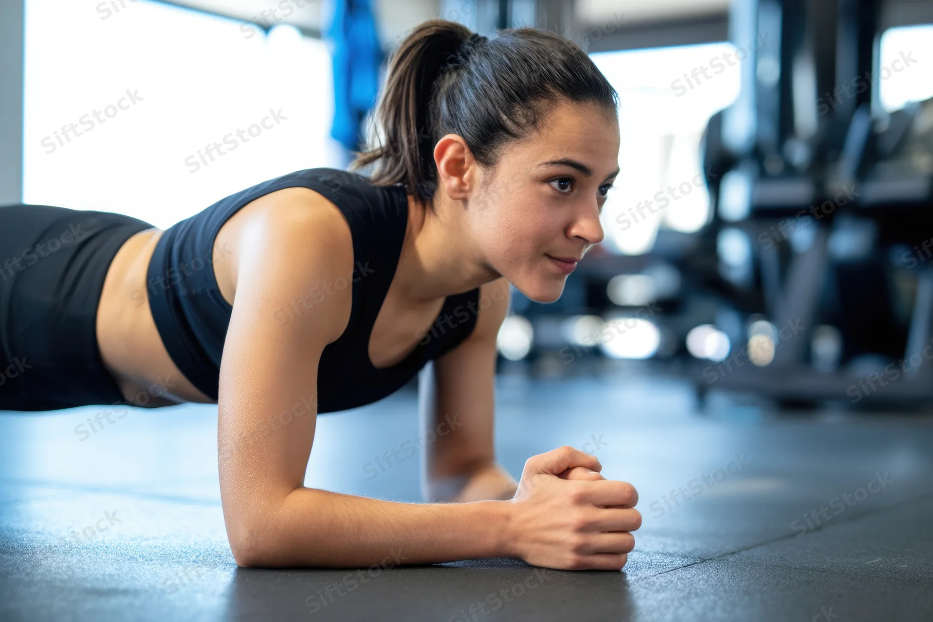 Woman holding plank position on gym floor in black sports bra and leggings