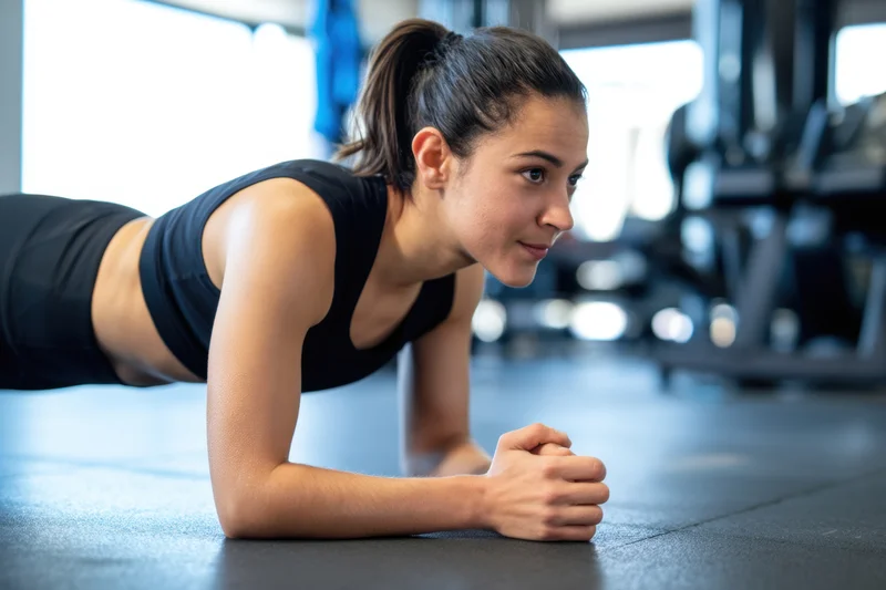 Woman holding plank position on gym floor in black sports bra and leggings