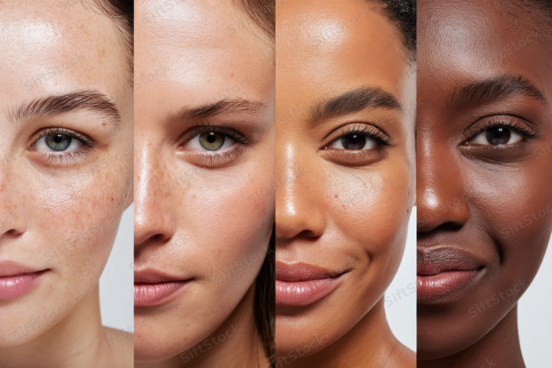 Four closeup portraits of women with diverse skin tones arranged side by side in a studio setting