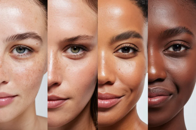 Four closeup portraits of women with diverse skin tones arranged side by side in a studio setting