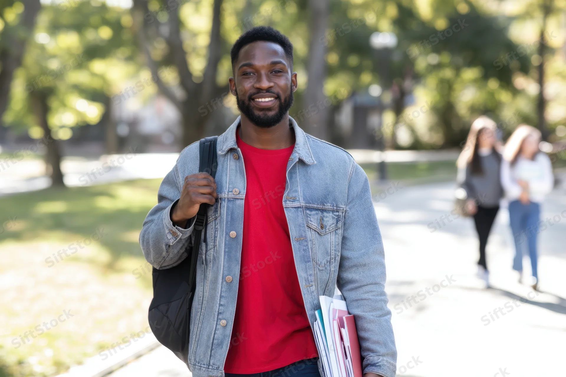 Young african male student smiling while walking on campus carrying books and a backpack