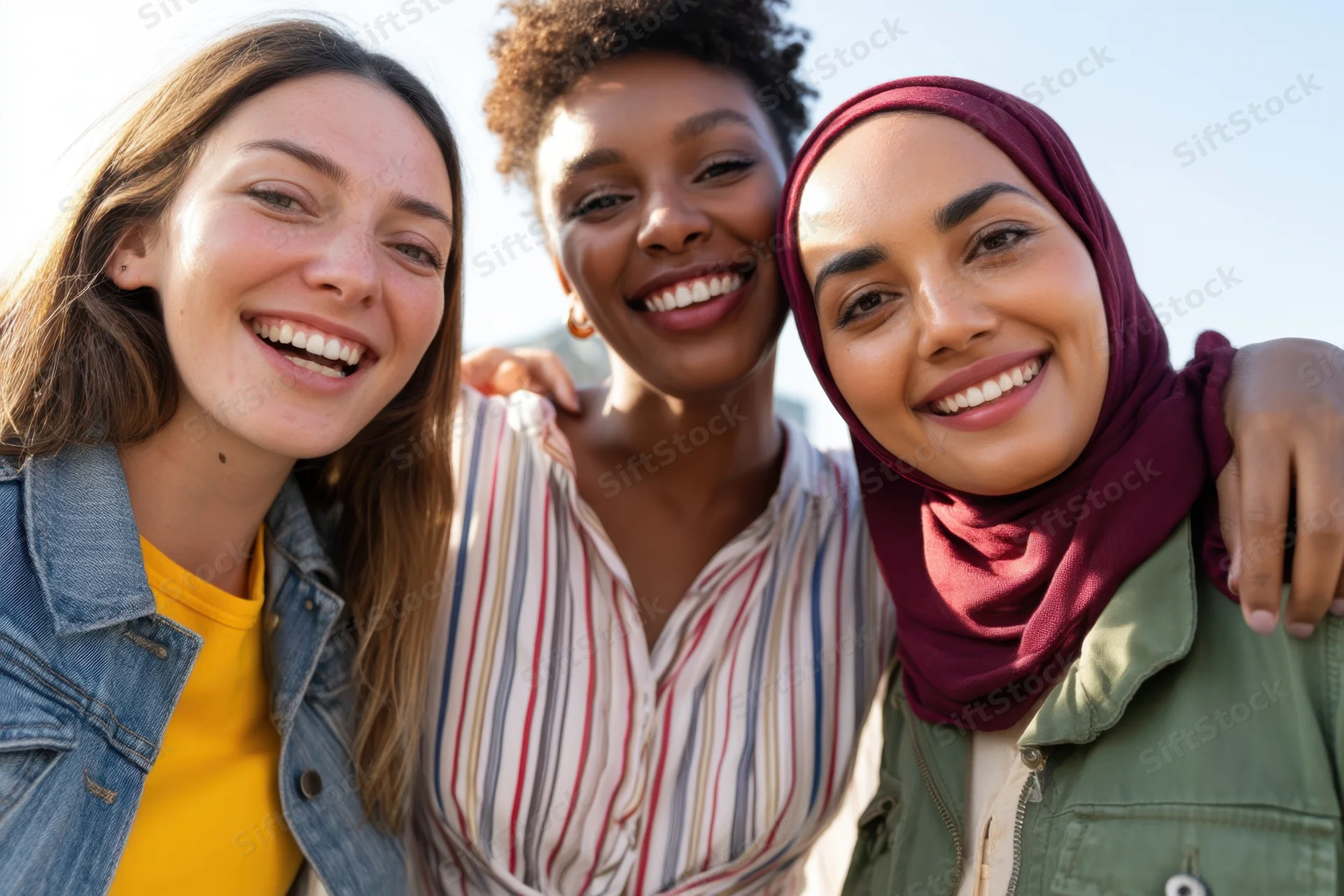 Three diverse women smiling closely together outdoors