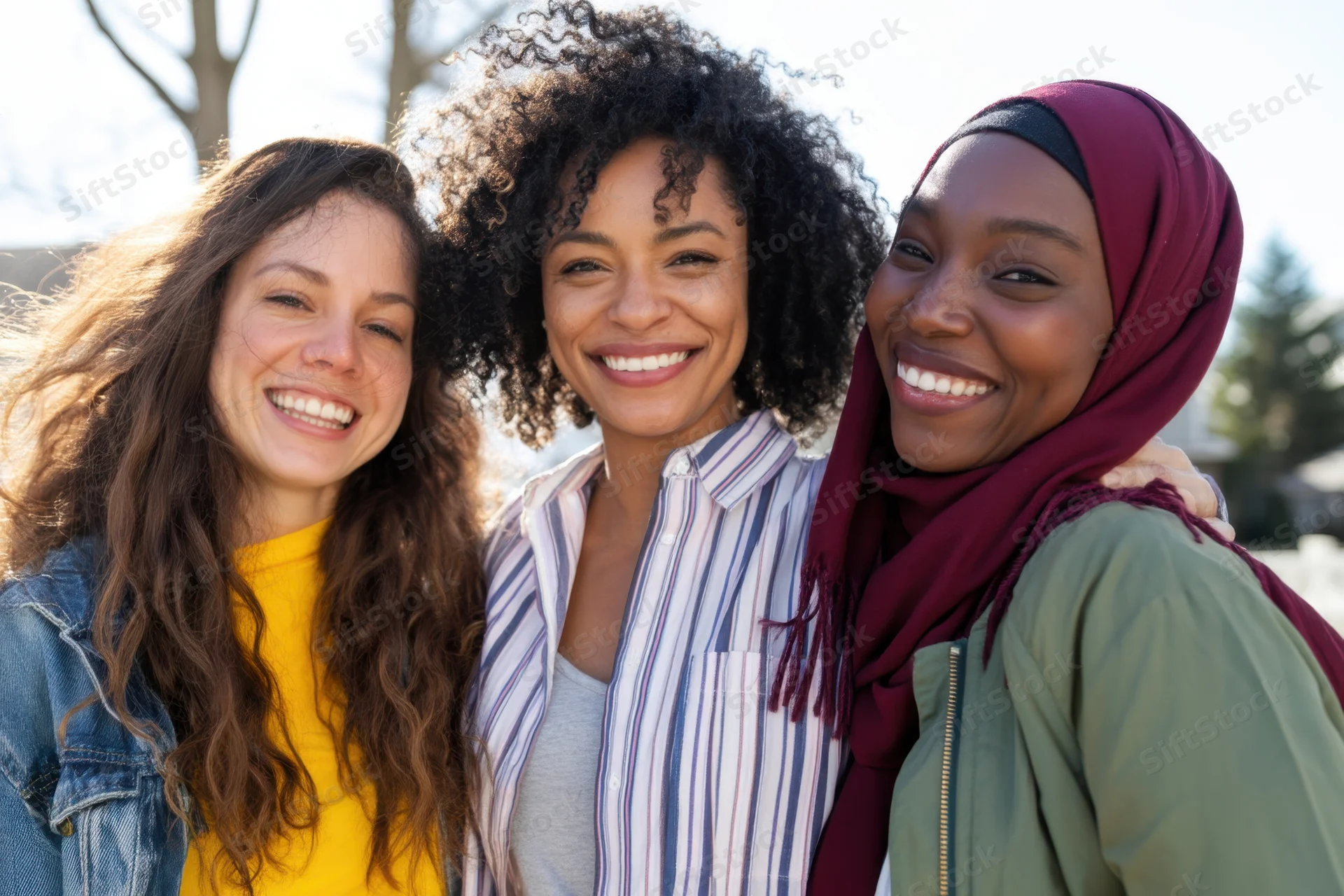 Three diverse women smiling closely together outdoors