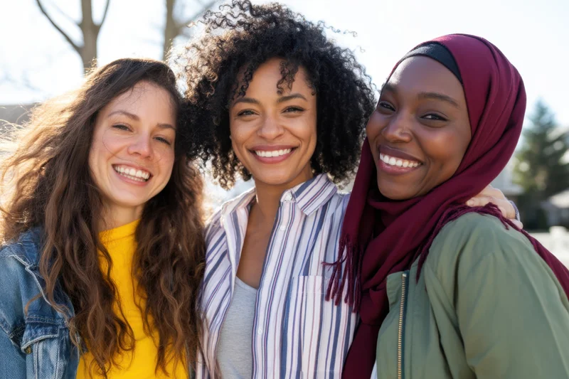Three diverse women smiling closely together outdoors