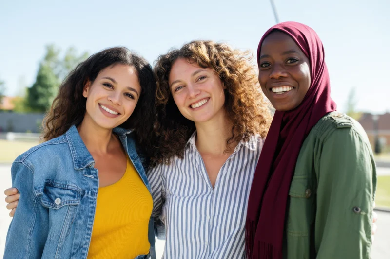 Three diverse women smiling closely together outdoors